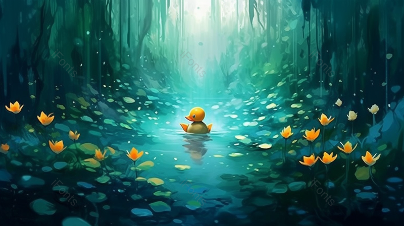 绿色昏暗树林间小黄鸭水中嬉戏河流傍晚肃静横版插画,插画/手绘图,插画/手绘图库,插画/手绘图下载,插画/手绘